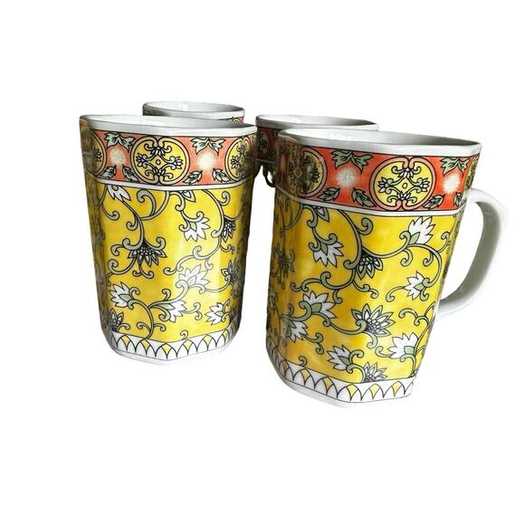 Vintage Yellow & Red Octagon, Floral Paisley Tea, Coffee Cup, Set of 6 (RARE) - Picture 2 of 6